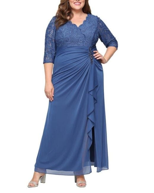 Alex Evenings Blue Beaded Lace Bodice Empire Waist Gown