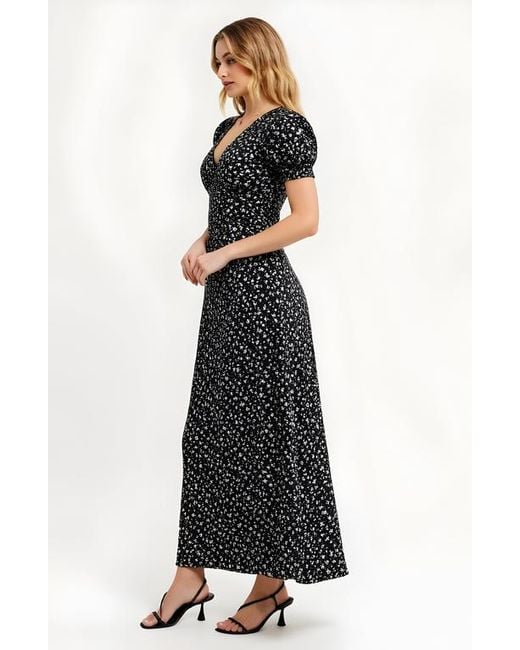Modenaire Black Floral Print Maxi Dress With Puff Sleeves