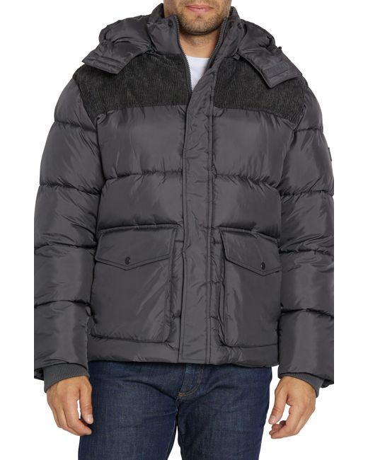 Sean John Black Water Resistant Mixed Media Puffer Coat With Removable Hood for men