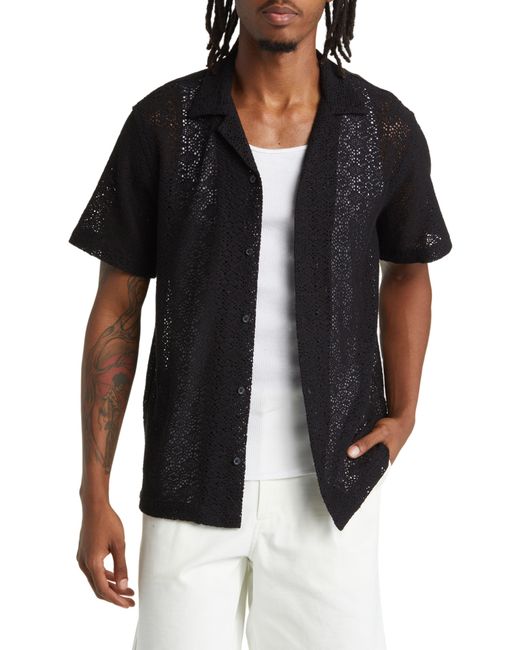 Saturdays NYC Black Canty Crochet Stitch Short Sleeve Button-up Shirt for men