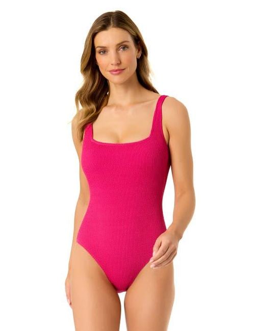 Anne Cole Pink Textured Classic Square Neck One Piece Swimsuit