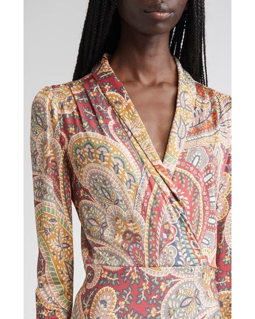 Etro Multicolor Paisley Print Long Sleeve Faux Wrap Jersey Dress
