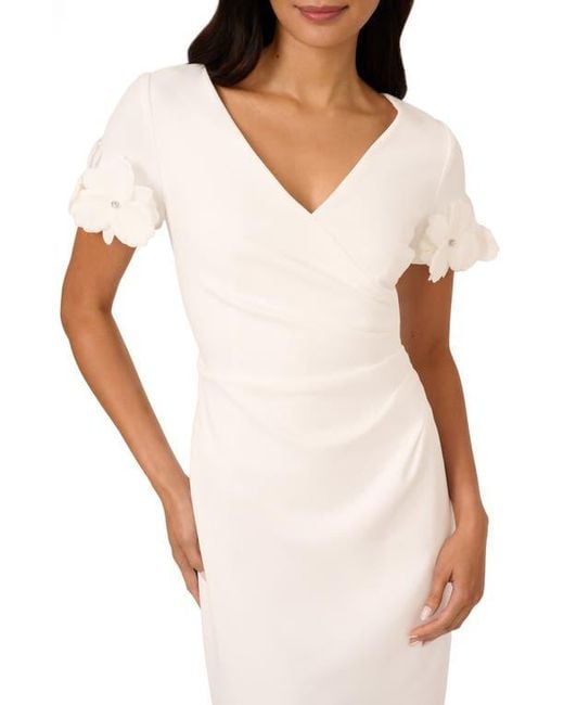 Adrianna Papell White 3D Flower Cuff Crepe Faux Wrap Dress