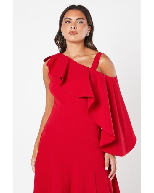 Coast Red One Shoulder Ruffle Crepe Midi Dress