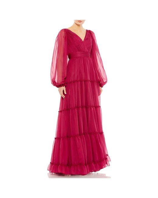 Mac Duggal Ruffle Tiered Puff Sleeve A Line Gown