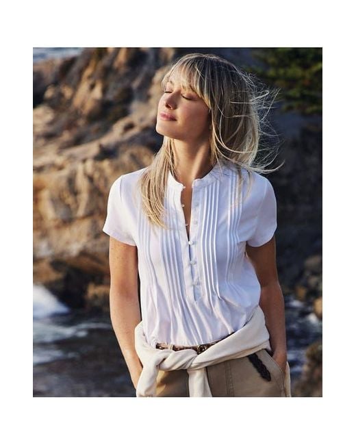 Lands' End White Short Sleeve Lightweight Jersey Button Pintuck Top