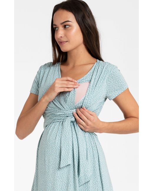 Seraphine Blue Sage Dot Faux Wrap Maternity/nursing Dress