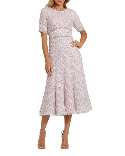 Mac Duggal Short Sleeve Beaded Trim Boucle Midi Dress in Pink | Lyst Mac Duggal Short Sleeve Beaded Trim Boucle Midi Dress in Pink | Lyst