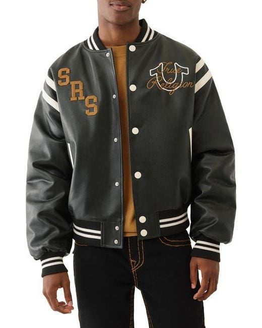 TRUE RELIGION Men's Black Faux Leather Varsity Jacket
