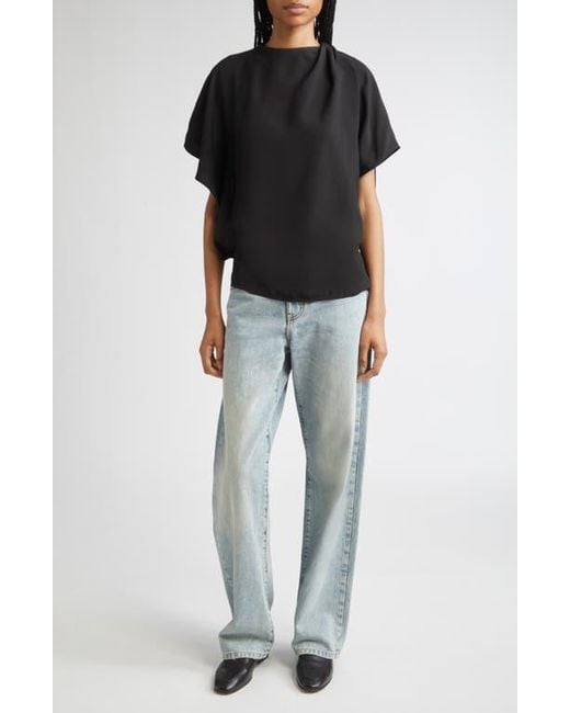 Proenza Schouler Black Etta Hammered Viscose Asymmetric Sleeve Top