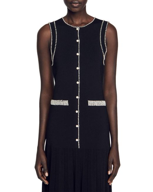 Sandro Blue Naima Imitation Pearl Button Front Sleeveless Midi Dress