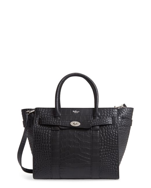 Mulberry Black Small Bayswater Croc Embossed Calfskin Leather Satchel
