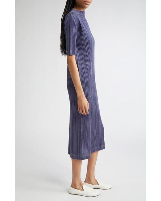 Pleats Please Issey Miyake Blue Trompe L'Oeil Pleated Midi Dress