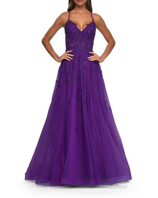 La Femme Women's Purple A-Line Tulle Prom Dress With Lace Applique Sheer Bodice