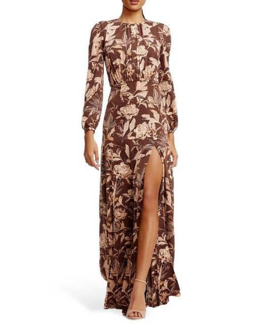 Dress the Population Brown Joni Floral Long Sleeve Satin Gown