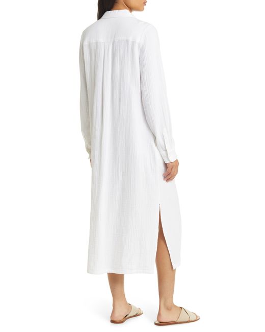 Caslon White Caslon(r) Cotton Gauze Long Sleeve Midi Shirtdress