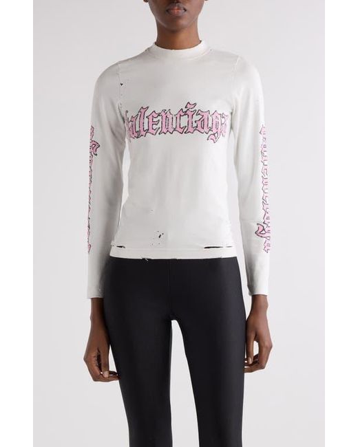 Balenciaga White Blackletter Script Distressed Fitted Graphic T-Shirt