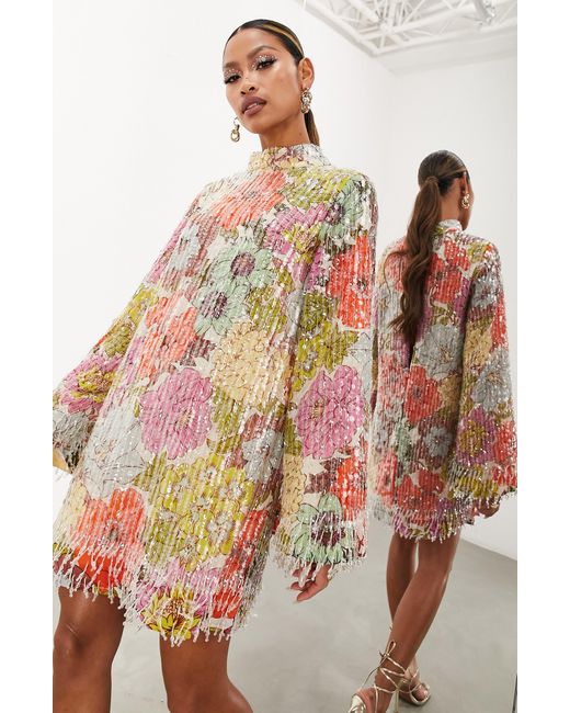 asos long sleeve shift dress Asos Floral Sequin & Bead Long Sleeve Shift Dress In White Multi - 25% Off
