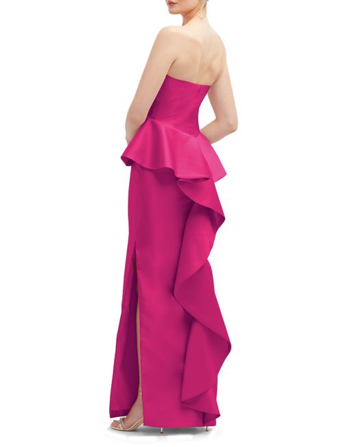 Alfred Sung Pink Strapless Ruffle Peplum Satin Column Gown