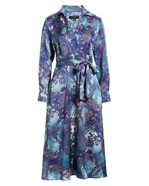 Tahari Blue Long Sleeve Hammered Satin Wrap Front Shirtdress