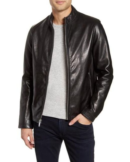 Karl Lagerfeld Black Men's Leather Racer Jacket With Zip Pockets for men
