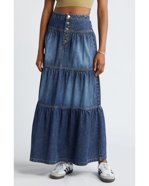 BP. Blue Tiered Denim Maxi Skirt