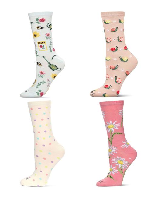 Memoi White Gardening Assorted 4-Pack Crew Socks