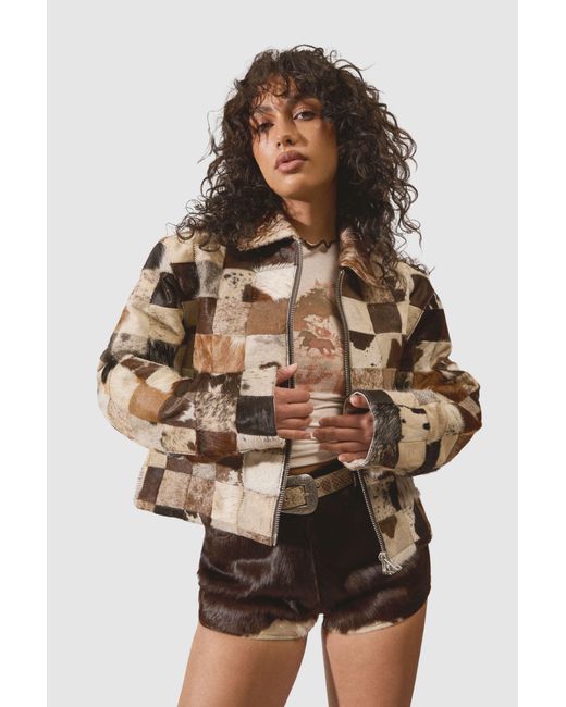 Nasty Gal Brown Patchwork Cow Hide Real Leather Jacket