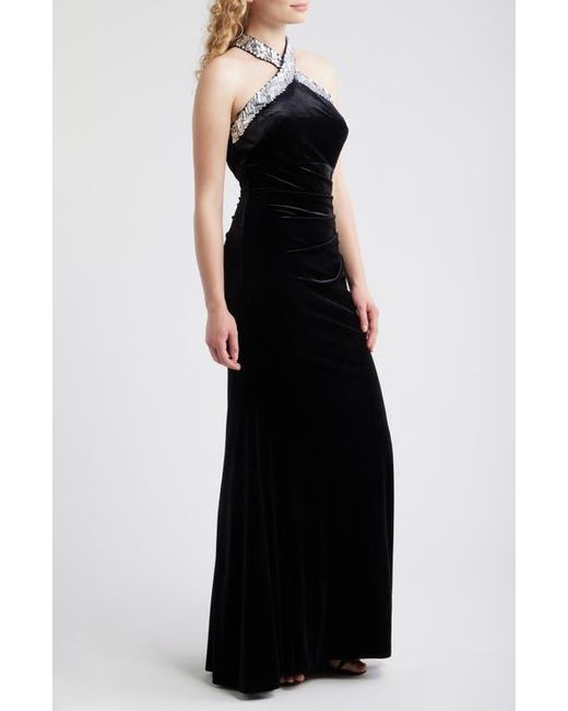 Eliza J Black Rhinestone Detail Velvet Sheath Gown