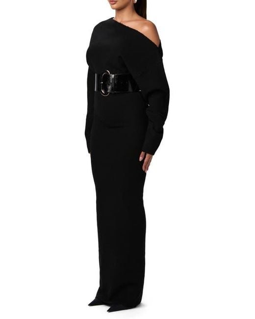 Naked Wardrobe Black One-Shoulder Long Sleeve Maxi Sweater Dress