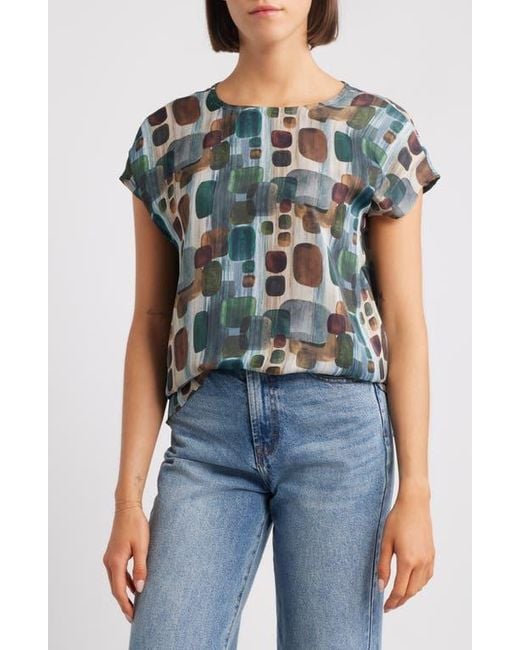 Apny Blue Geometric Print Cap Sleeve Shell