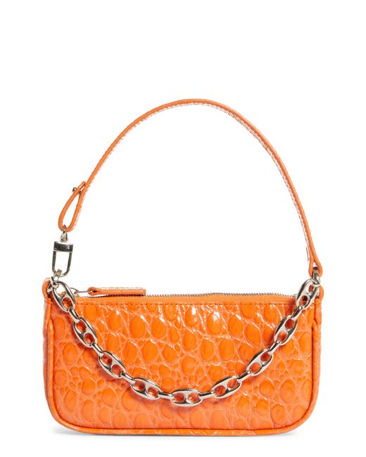 By Far Orange Mini Rachel Croc Embossed Leather Bag