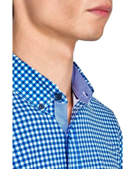 Con.struct Blue Slim Fit Mini Check Recycled 4-Way Stretch Performance Short Sleeve Shirt for men