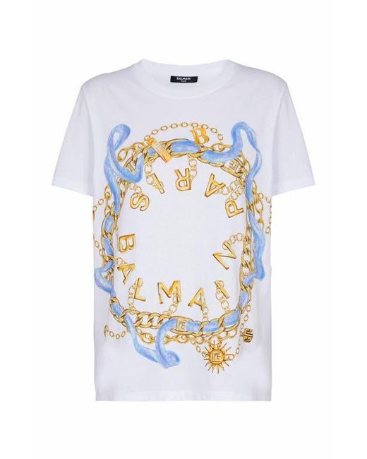 Balmain White T-Shirt With Paris Chain Print