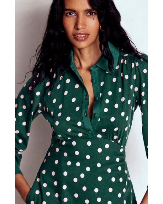 Boden Green Polka Dot Empire Waist Long Sleeve Dress