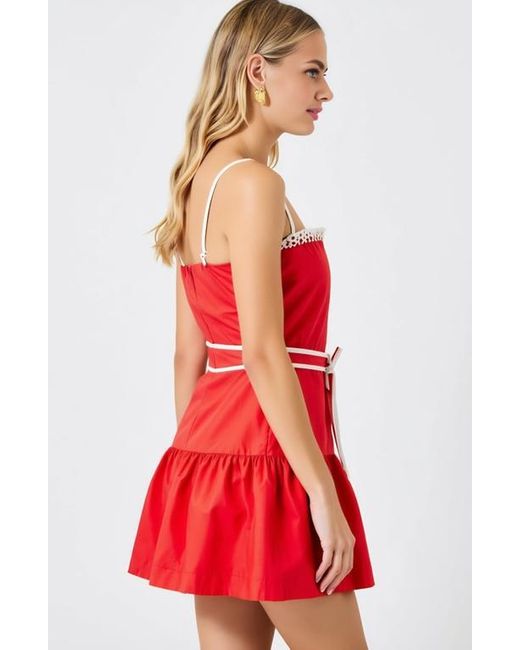 Modenaire Red Spaghetti-Strap Crochet-Trim Tie-Waist Mini Dress