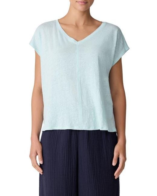 Eileen Fisher Blue V-Neck Organic Linen T-Shirt