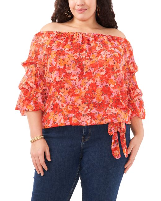 Vince Camuto Red Floral Off The Shoulder Bubble Sleeve Top