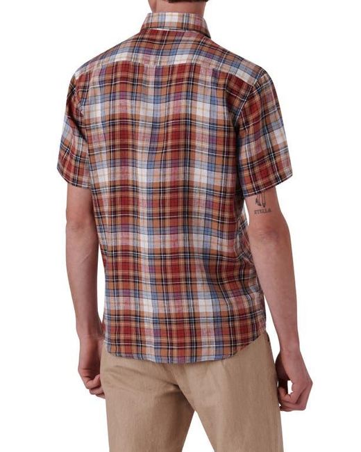 Bugatchi Red Plaid Short Sleeve Linen Button-Up Shirt for men