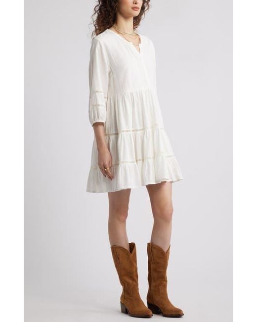 Treasure & Bond White Ladder Stitch Accent Linen Blend Tiered Minidress