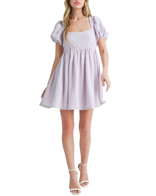 All In Favor Purple Puff Sleeve Tie Back Babydoll Minidress In At Nordstrom, Size Medium