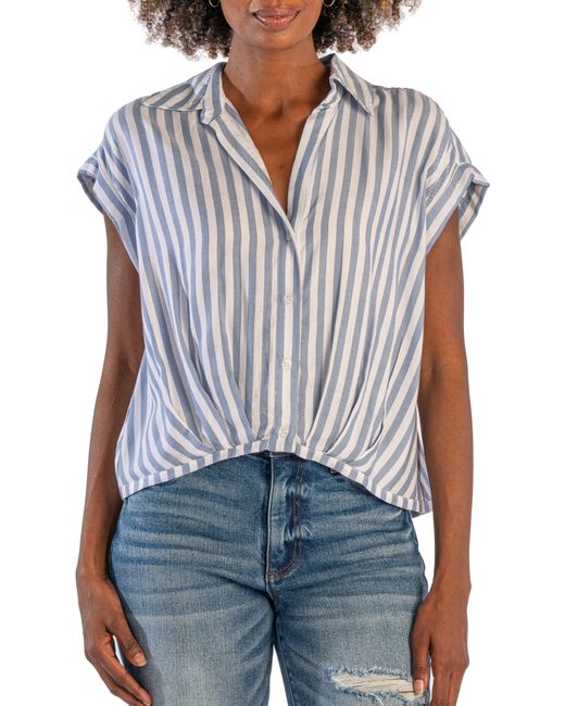 Kut From The Kloth Blue Gaia Pleat Hem Short Sleeve Button-up Top