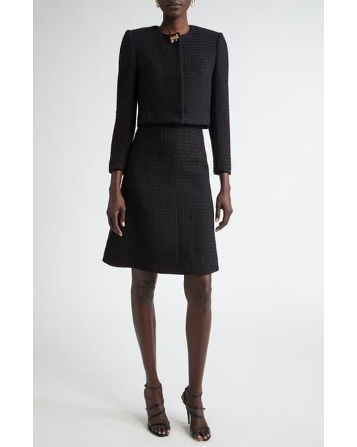 Oscar de la Renta Black Bow Detail Wool Tweed Crop Jacket