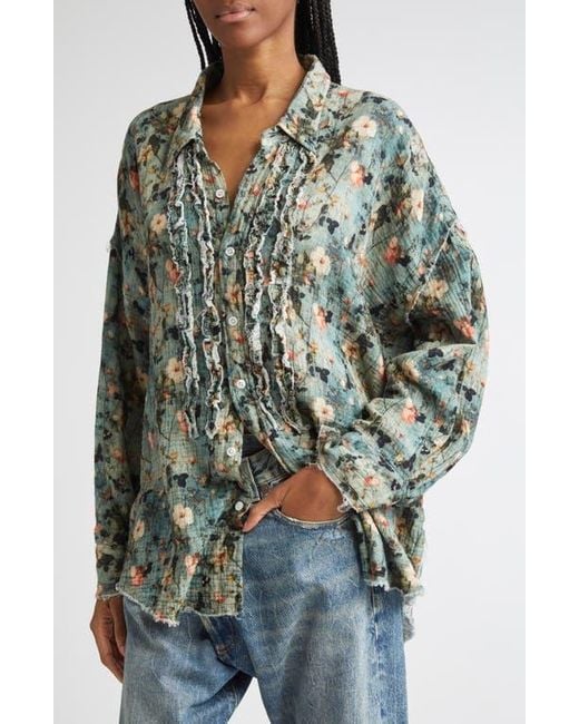 R13 Multicolor Shredded Seam Ruffle Button-Up Shirt
