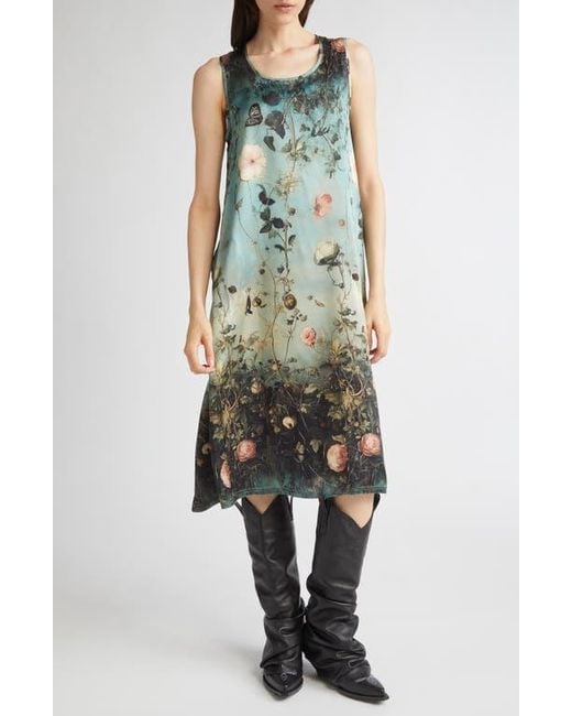 R13 Green Floral Print Sleeveless Midi Dress