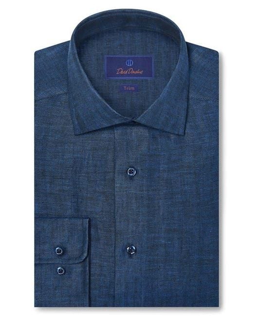 david donahue trim fit dress shirt David Donahue Men's Trim Fit Linen Herringbone Dress Shirt - Pink