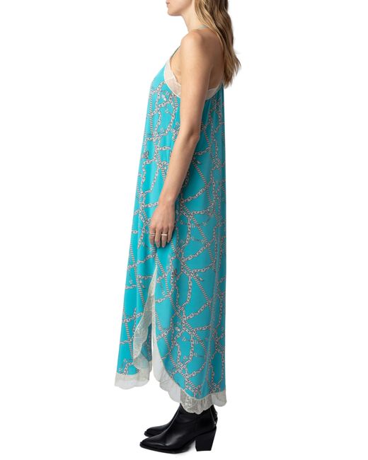 Zadig & Voltaire Blue Ristyl Chaines Lace Trim Silk Maxi Dress