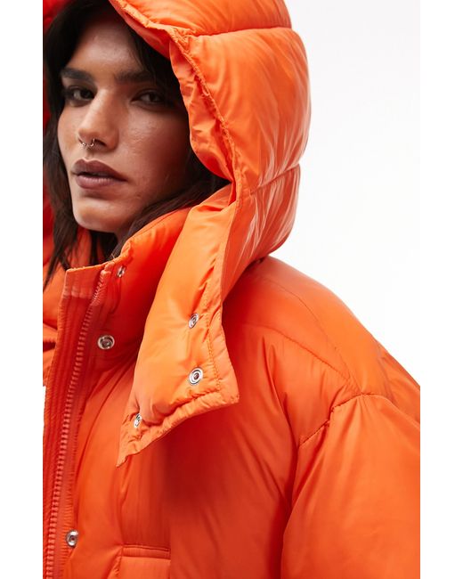 TOPSHOP Hooded Puffer Jacket in Orange Lyst