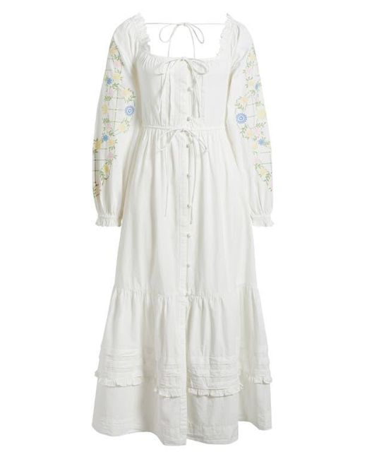 Damson Madder White Junia Embroidered Long Sleeve Organic Cotton Midi Dress