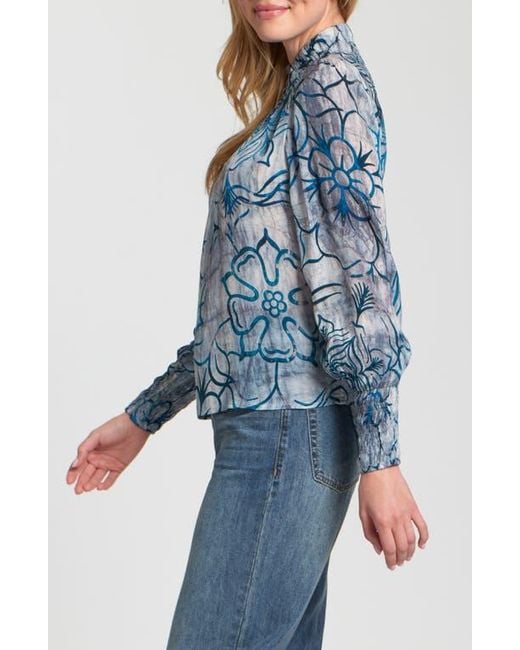 Apny Blue Puff Shoulder Button Front Top